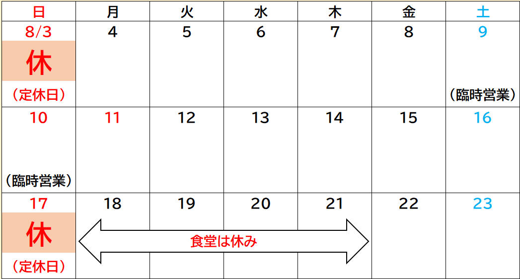 お盆期間営業日のカレンダー画像。18日から21日は食堂は休みです。