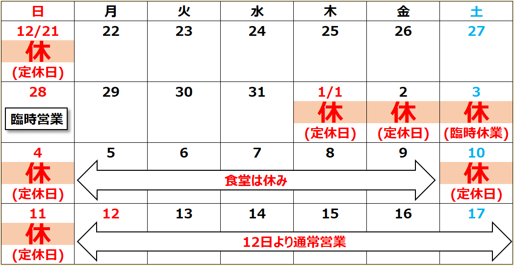営業日・休業日のカレンダー画像。