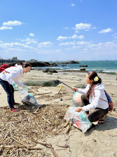 青空の砂浜で流木の中からトングでごみを拾っている女性二人の写真