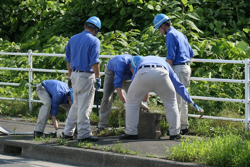 道路脇のガードレールの下のごみを拾っている作業服姿の男性5人の写真。