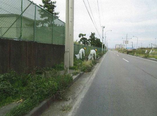 フェンス下の雑草の多い歩道のごみを拾っている作業服、ヘルメット姿の二人の写真