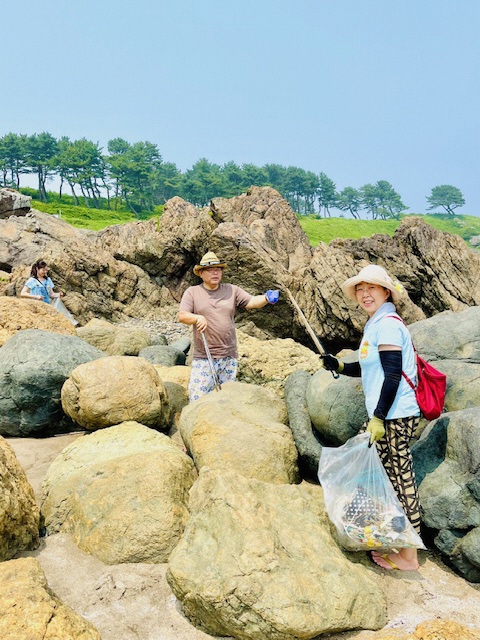大きな岩の間のごみを拾っている男性と女性の写真。奥には松並木が見えている。