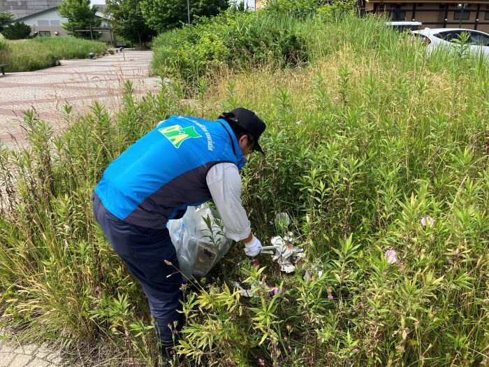 道路脇の草地のごみを拾う写真2
