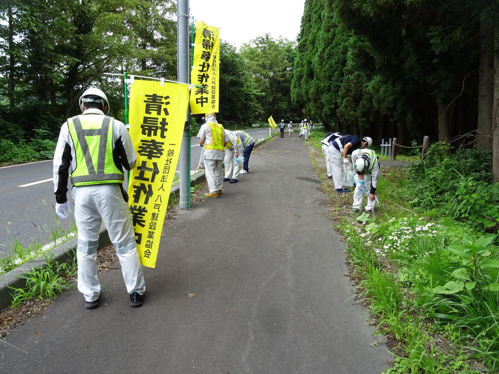 道路脇の草地のごみを拾う写真1
