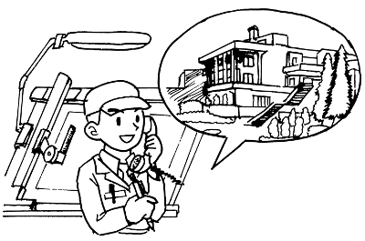 指定業者である作業着を着た男性が電話で申請の手続きを行っているイラスト