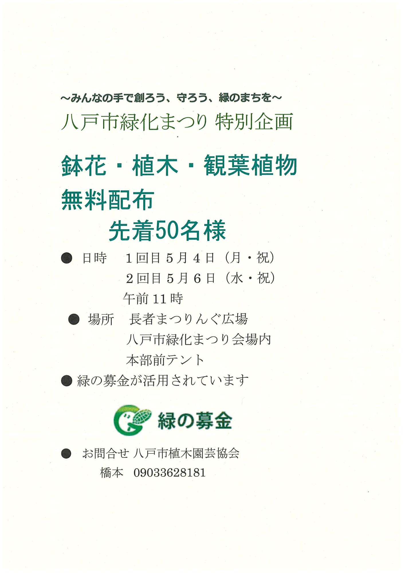 令和8年度 緑化まつり特別企画 鉢花、植木、観葉植物無料配布
