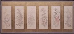 花が描かれた白い縦長の絵が12枚、金色の屏風に整然と貼られている作品の写真