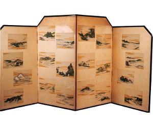 八戸領内の風景のよい海岸などが土佐絵風に描かれた、八戸二十景屏風の写真
