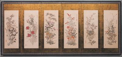 名花十二客図屏風のうち、6種が描かれた屏風の写真