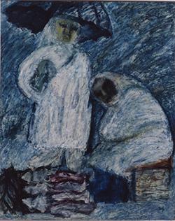 激しい雨の中で傘をさしながら魚を買う人と、売る人が描かれた絵画(作品名 いさばかが)