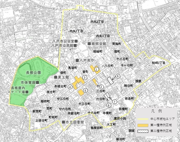 中心市街地における大規模小売店舗立地法特例区域図