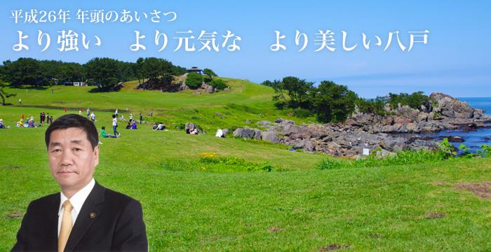 平成26年 年頭のあいさつ 「より強い より元気な より美しい八戸」の文章と、家族連れなどが海辺の芝生で過ごしている様子を背景にした小林市長の写真