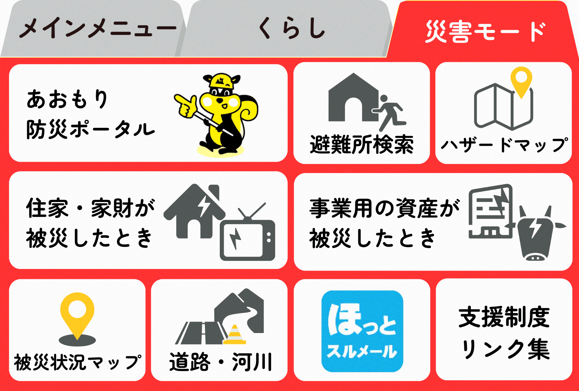 「災害モード」タブ