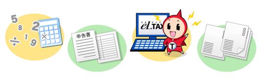 書類や電卓とエルタックスの赤いエルレンジャーがパソコンの横に描かれているイラスト