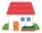 白い壁に赤い屋根、オレンジのドアと窓があって、家の周りに低い緑が茂るイラスト