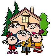 家の前で笑顔で並んで立っている5人家族のイラスト