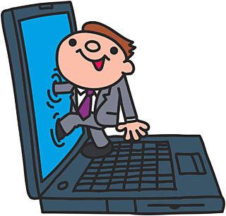 黒いノートパソコンのキーボードの上に立つパソコンよりちいさなスーツ姿の男性が水色の画面に入ろうとしているイラスト