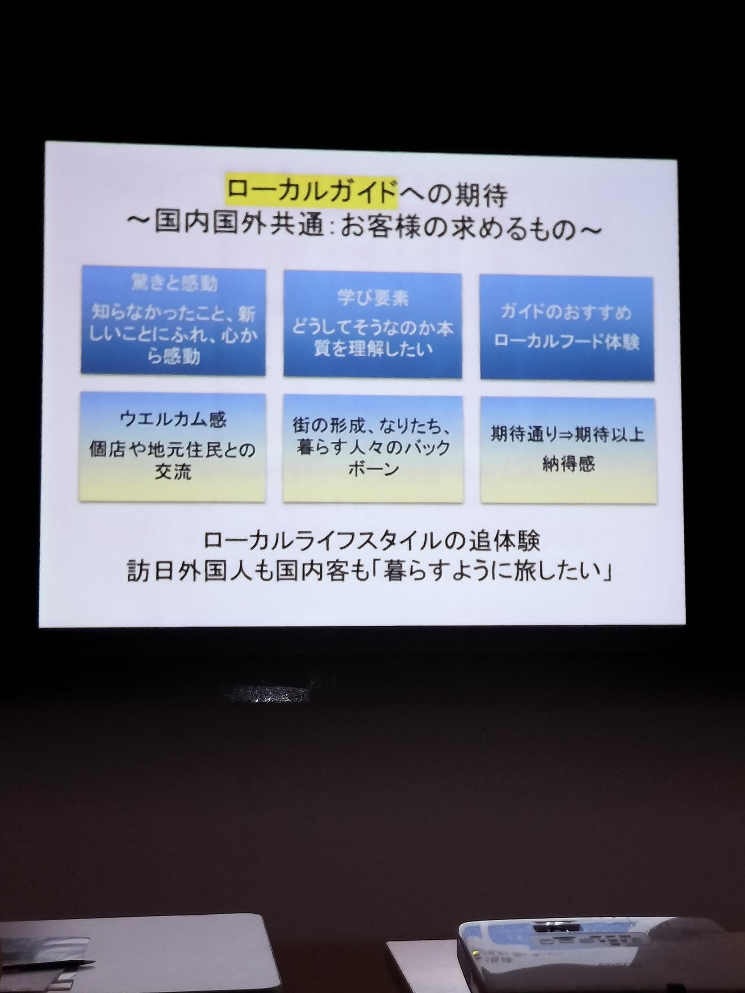 「ローカルガイドへの期待」のタイトルが写った投影スライドと机の上の資料