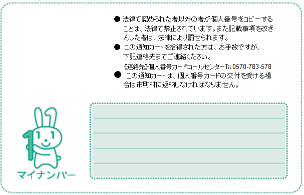 注意書き3つの下に、左にウサギのキャラクター・左に小さいメモ欄の記載された、通知カード（裏）の画像