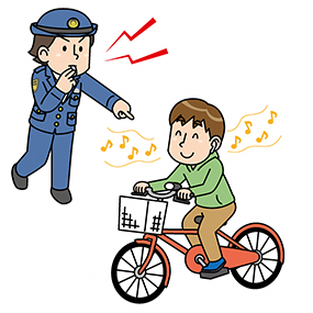 警察官が指をさして注意する横で、ヘッドホンを付け笑顔で自転車を走らせる男性。