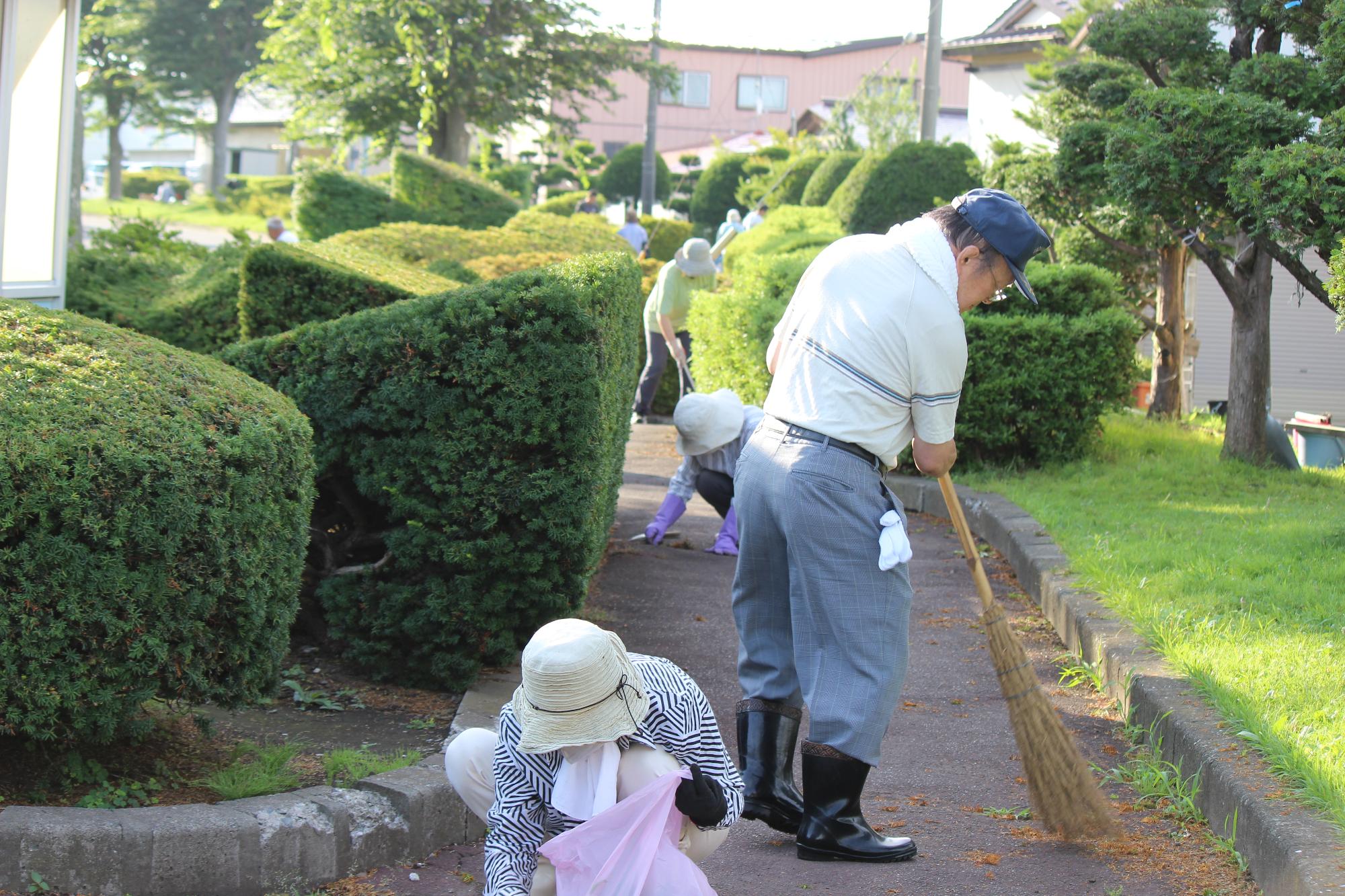 早朝に町内の住民が道路沿いの清掃活動（ゴミ拾いや草むしりなど）をしている様子の写真