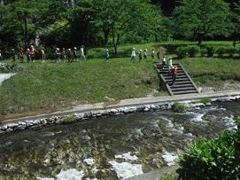 緑色の木々と川へ続く階段を一列に並んでおりていく生徒たちの写真