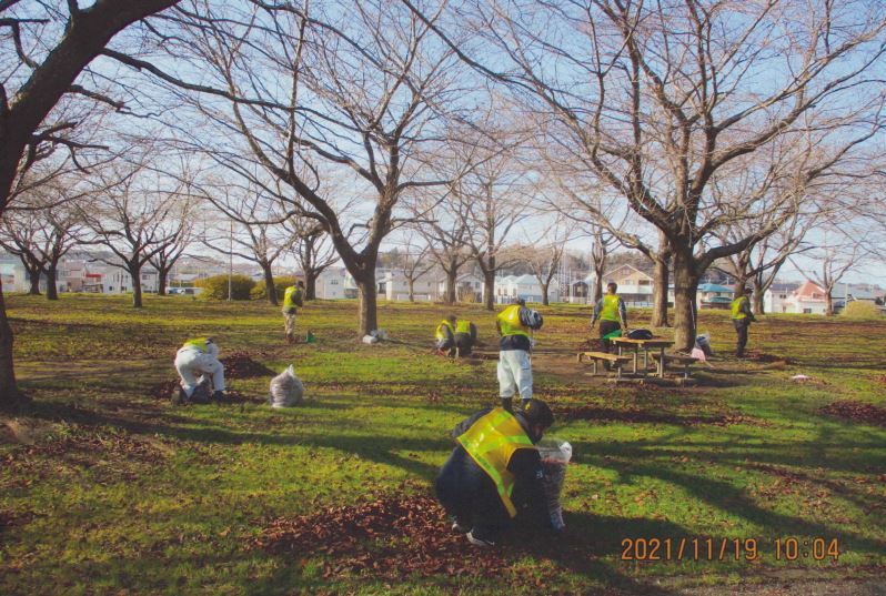 公園内の落ち葉をボランティア用ごみ袋に詰める作業をしている写真
