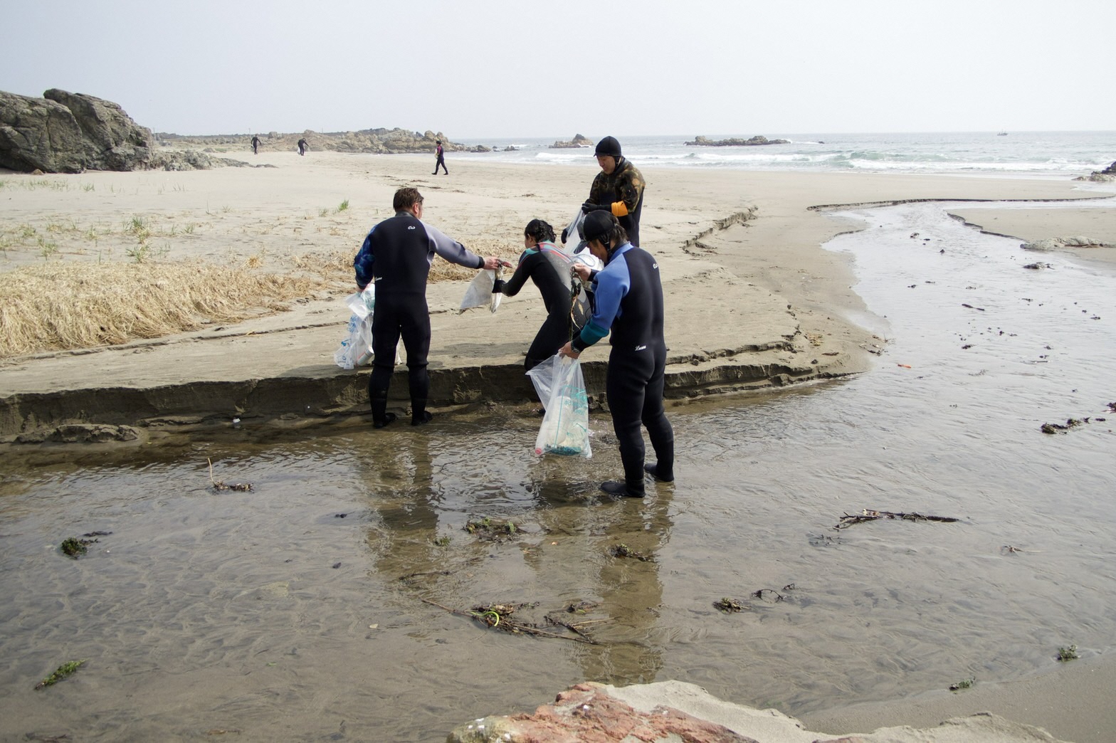 砂浜の海水がたまっている場所でウェットスーツで活動する4人の写真