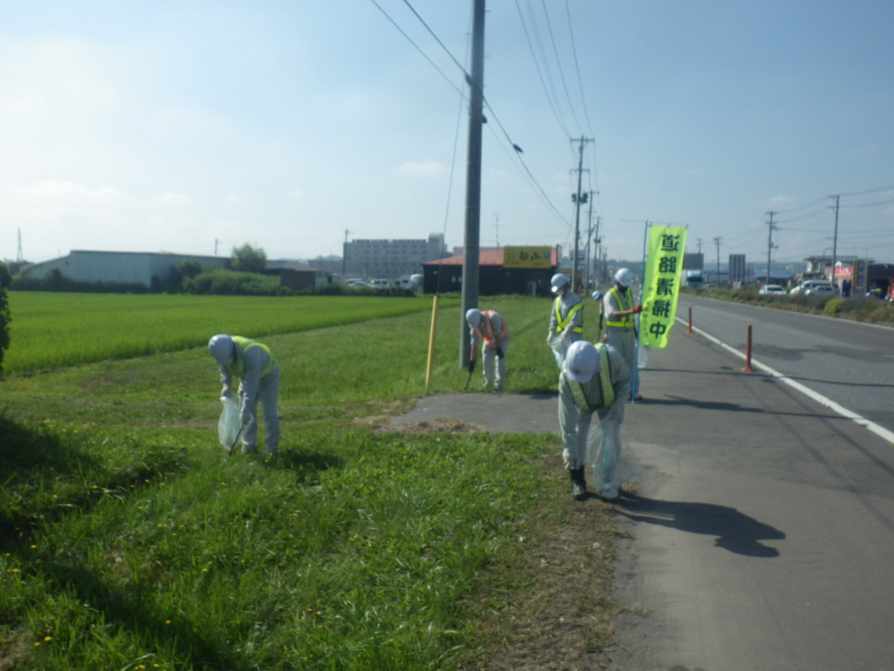 田の隣の歩道草むらのごみを、「道路清掃中」のぼりを掲げ拾う様子