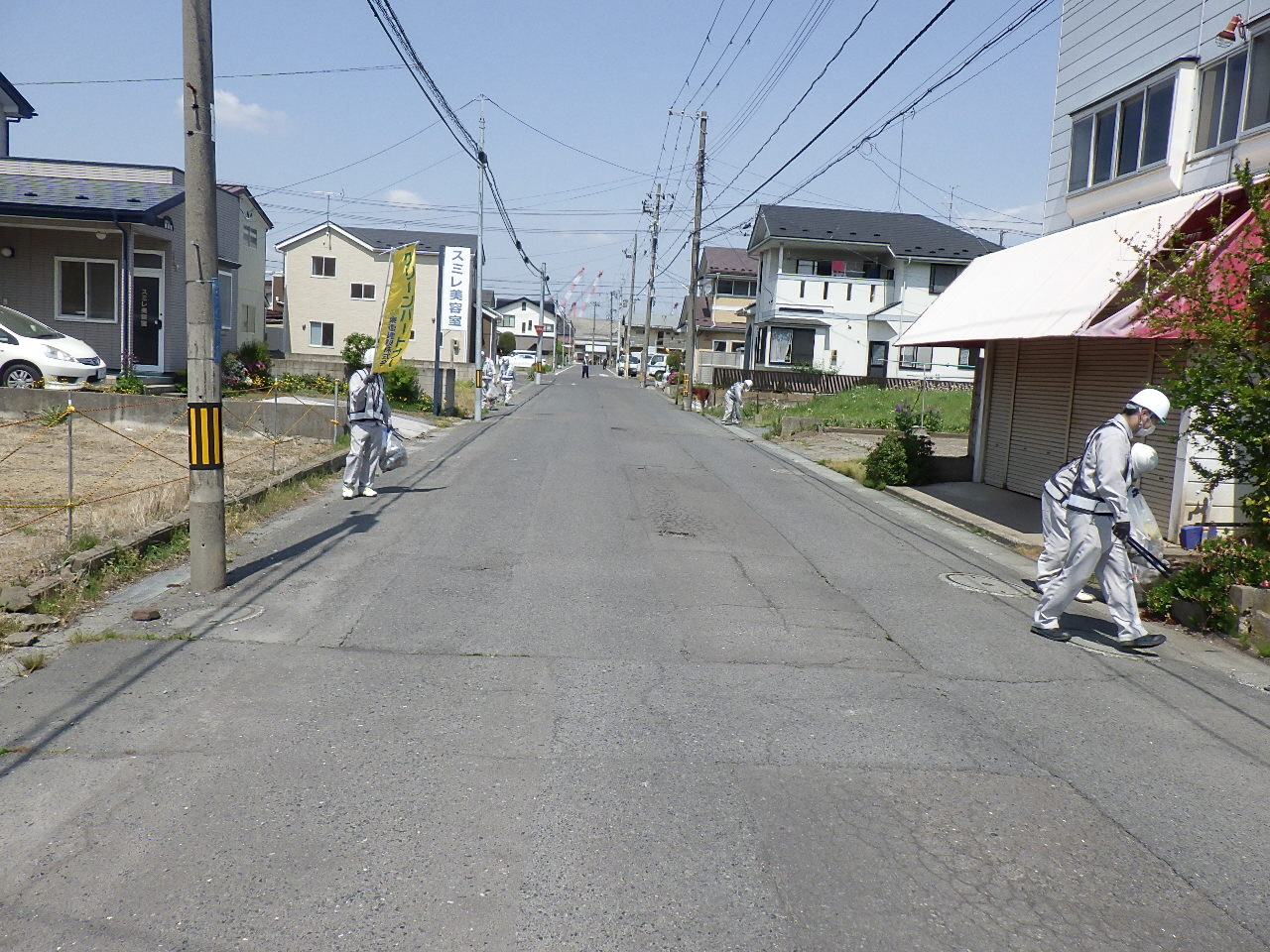 1車線道路の両側のごみを拾う参加者の皆さん