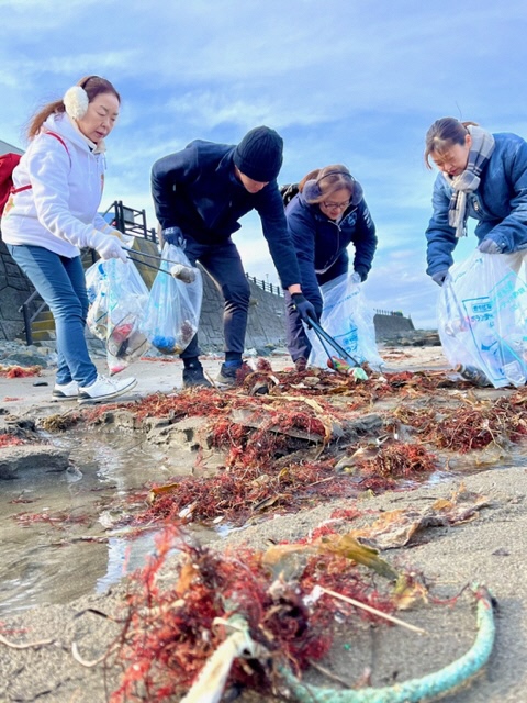 砂浜に打ち上げられた海藻の広がる場所でトングでごみを拾っている写真