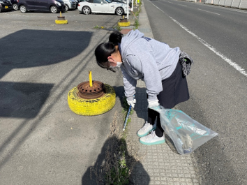 道路脇のごみをトングで拾っている女性の写真