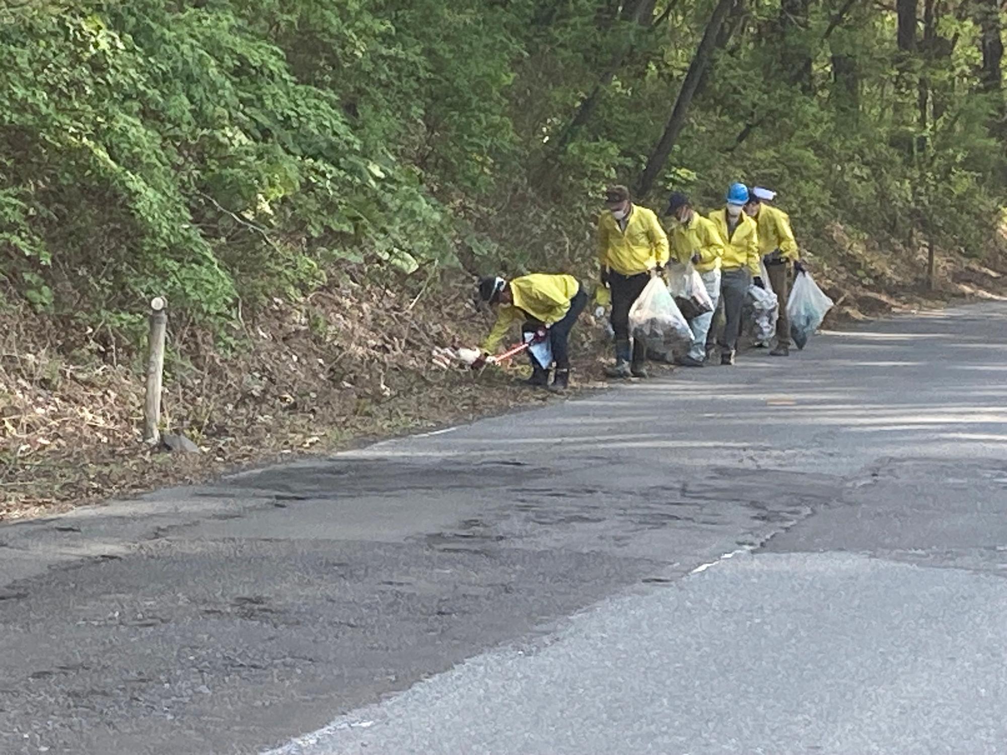 道路脇の木々の付近のごみを集めている写真