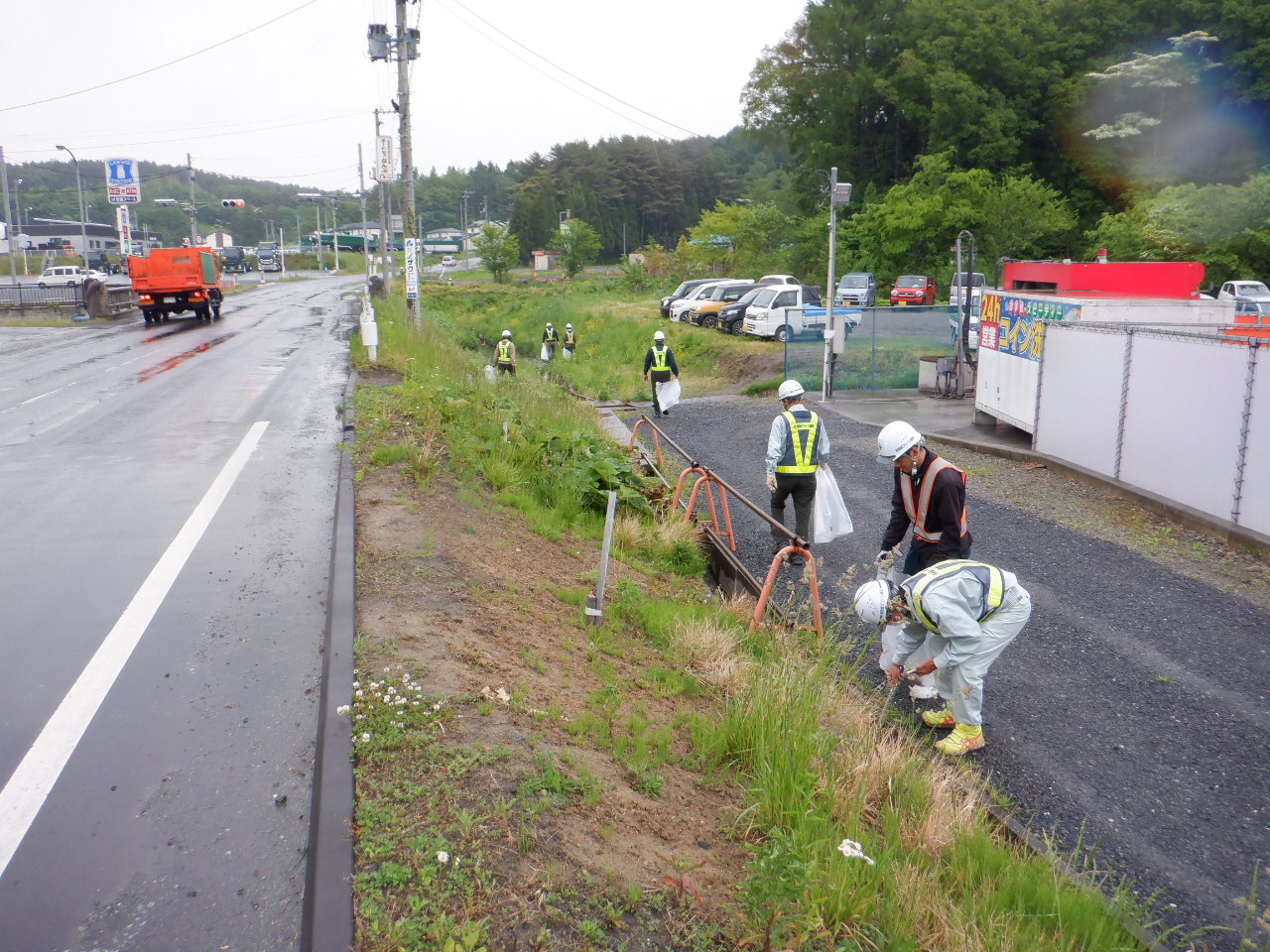 緑の木々が多い道路の脇でごみを拾う人たちの写真