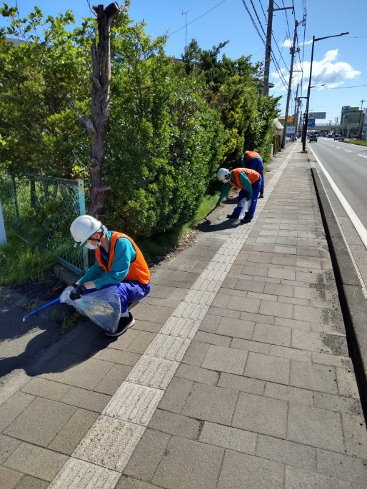 歩道の植木の下の枯草などを集めている3名の写真