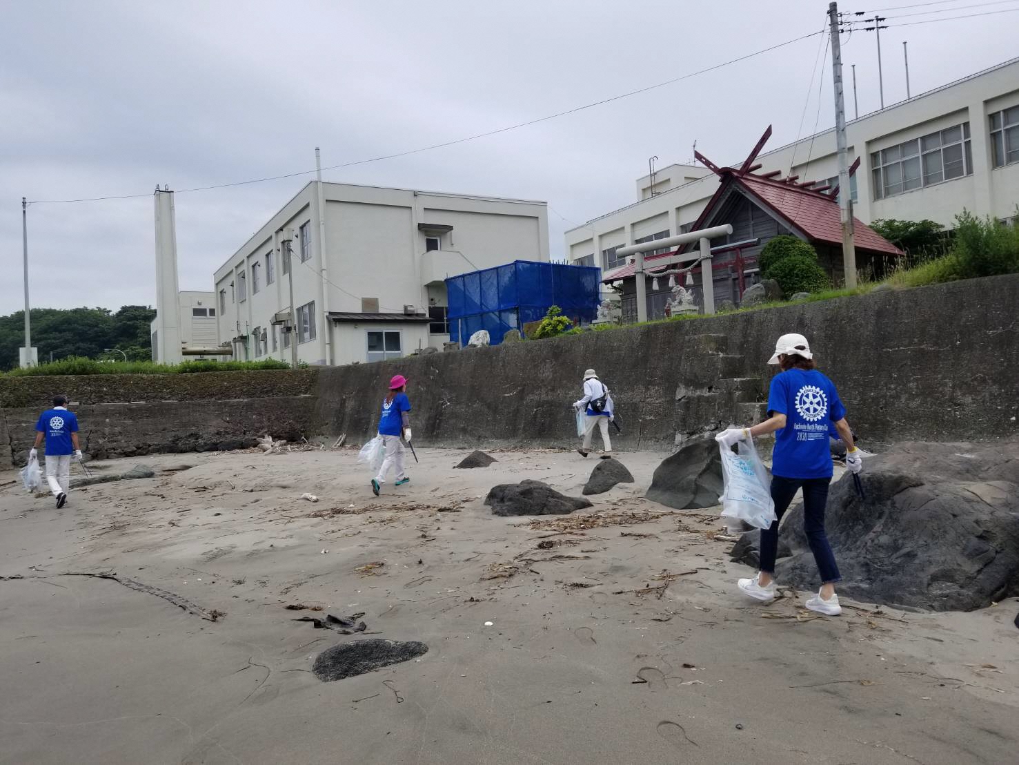 砂浜のごみを拾っている写真