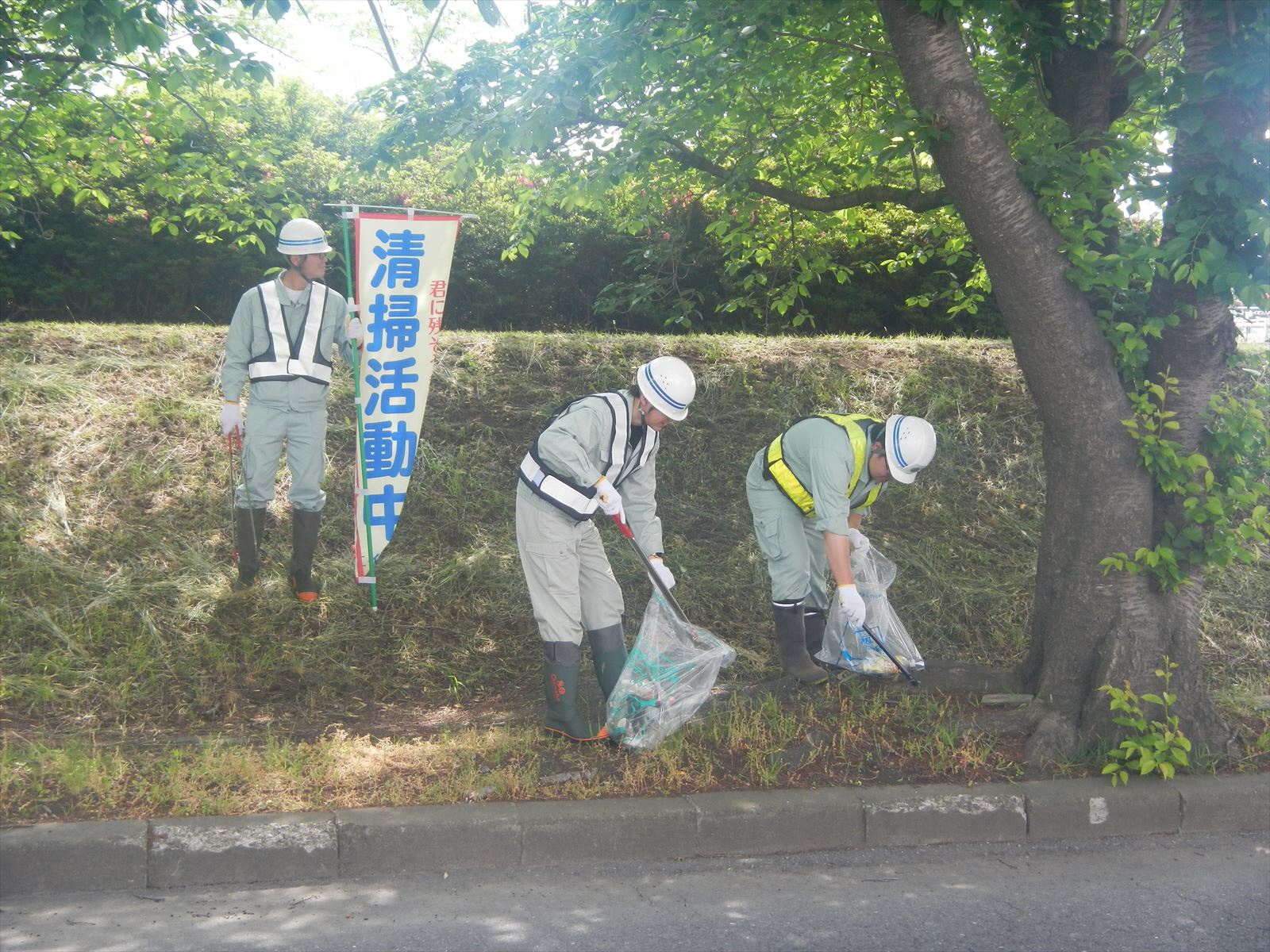 作業服にヘルメット、反射ベストを着用し木の下のごみをトングで集めている三人の写真