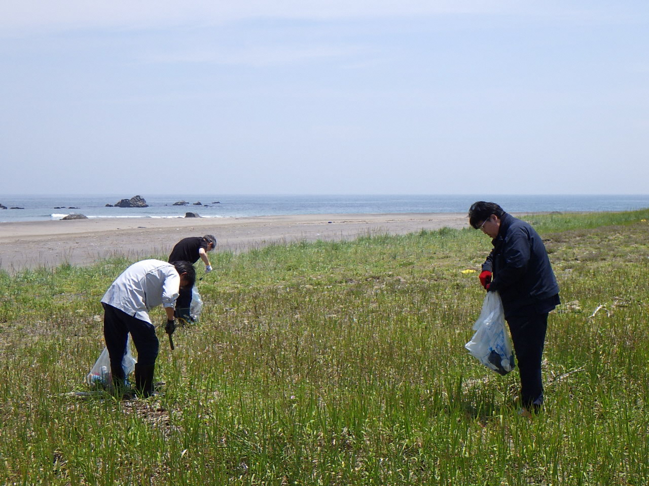 奥に海の見える草地のごみを拾う三人の写真