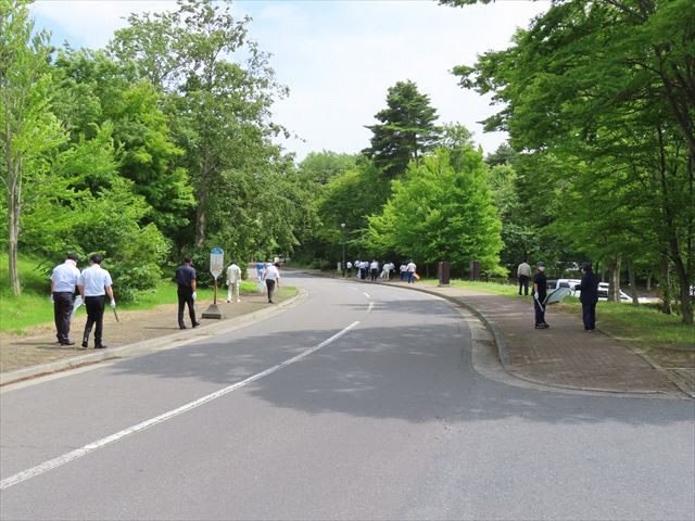 インテリジェントプラザ内の木々の緑が美しい中、トングを持って歩道を歩くメンバーの方たちの写真