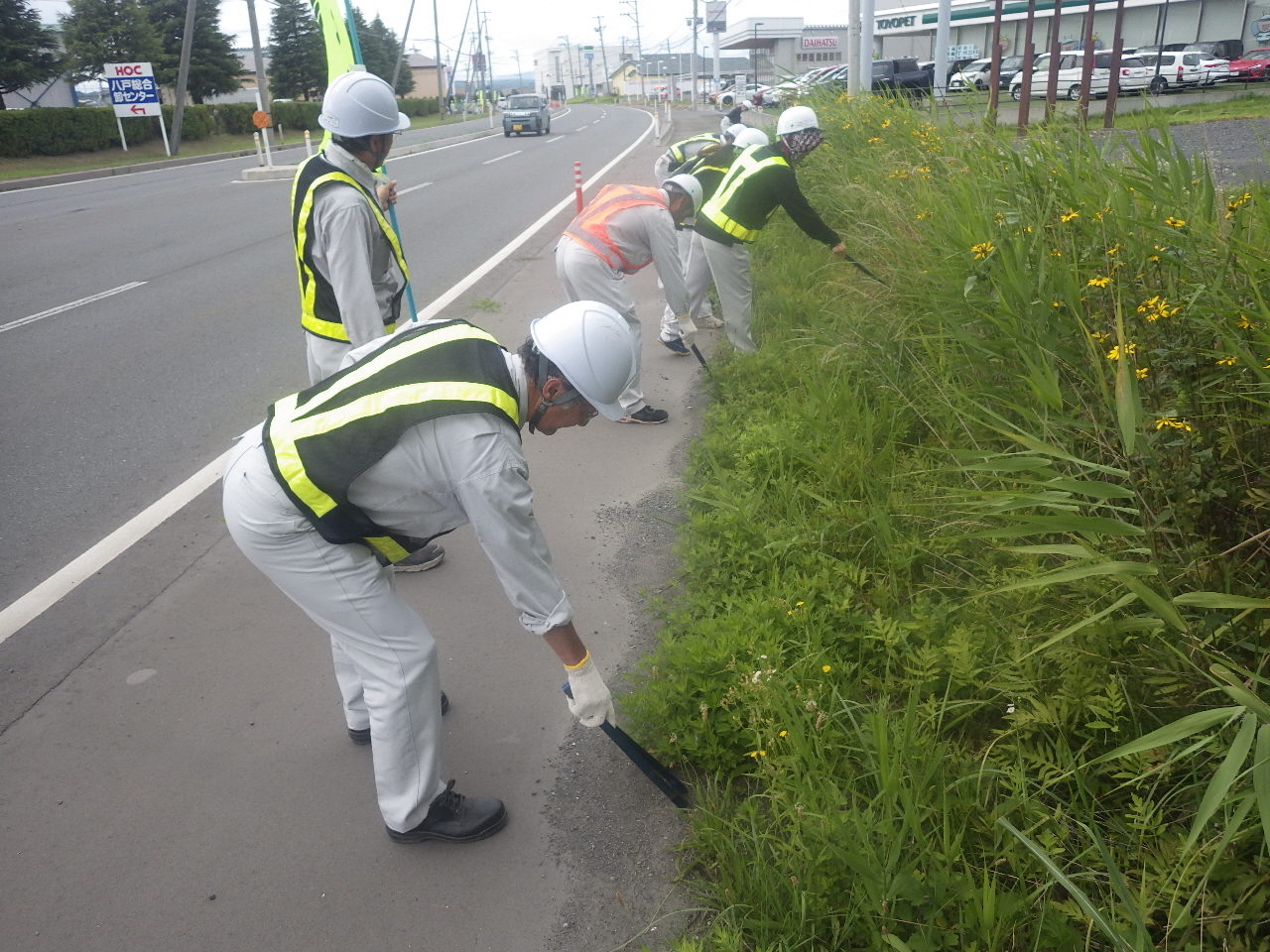 作業服にヘルメット着用で、道路脇の雑草の中のごみを拾っている写真