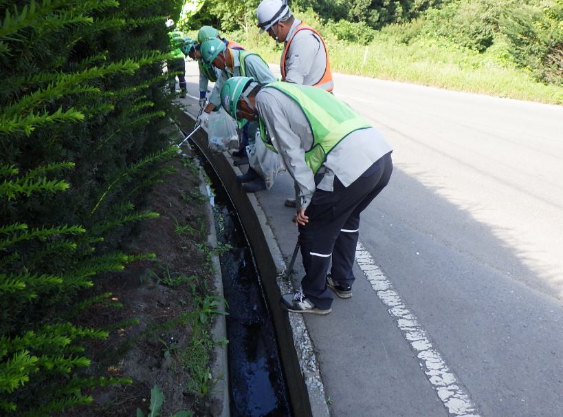 道路脇の側溝付近のごみを拾っている、ヘルメットに安全帯を着用した人たちの写真