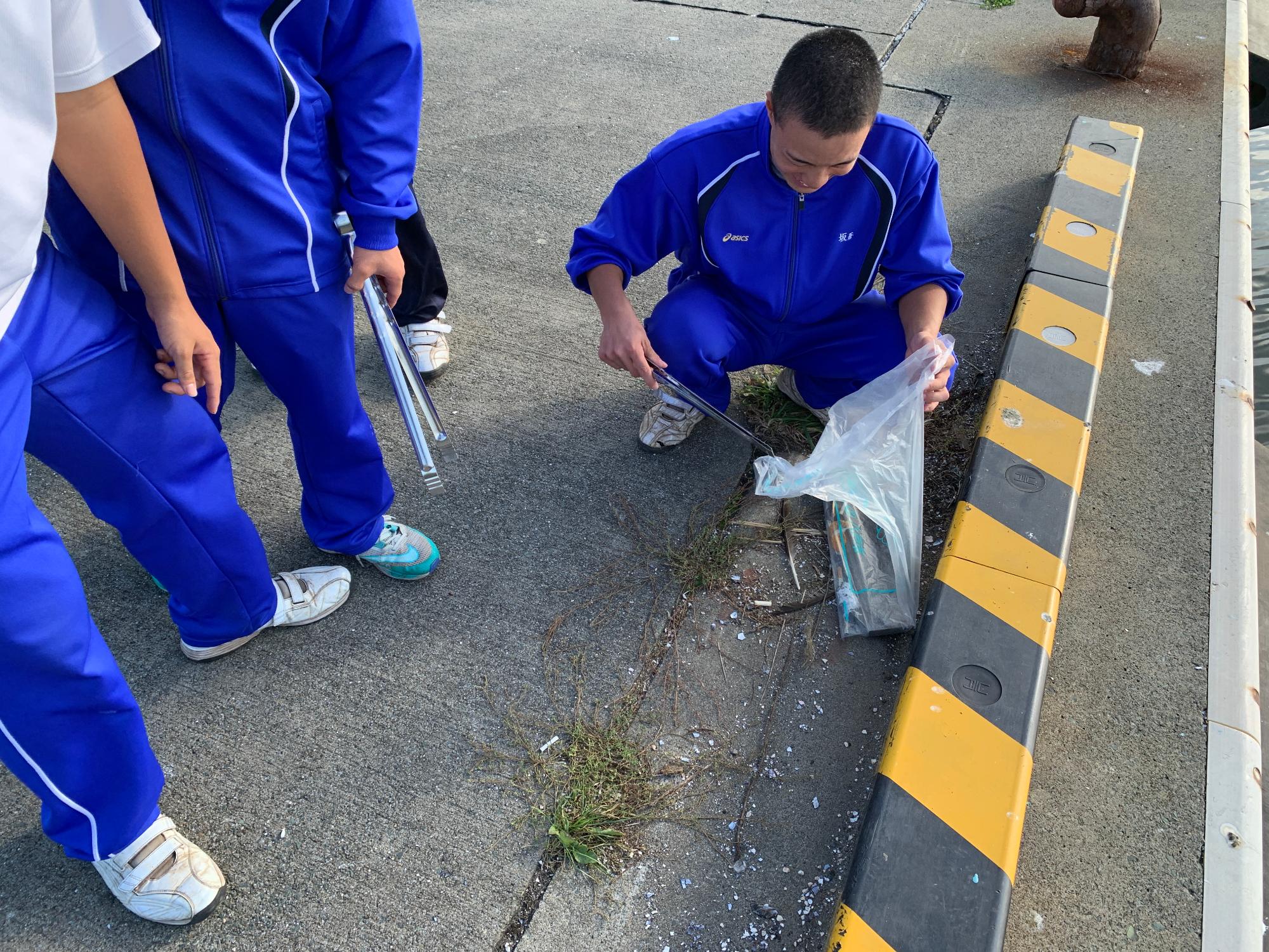 岸壁の車止め付近のごみを拾っているジャージ姿の生徒の写真。