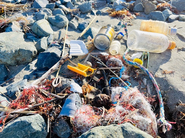 岩の多い砂浜に打ち上げられたプラスチックごみや漁の網