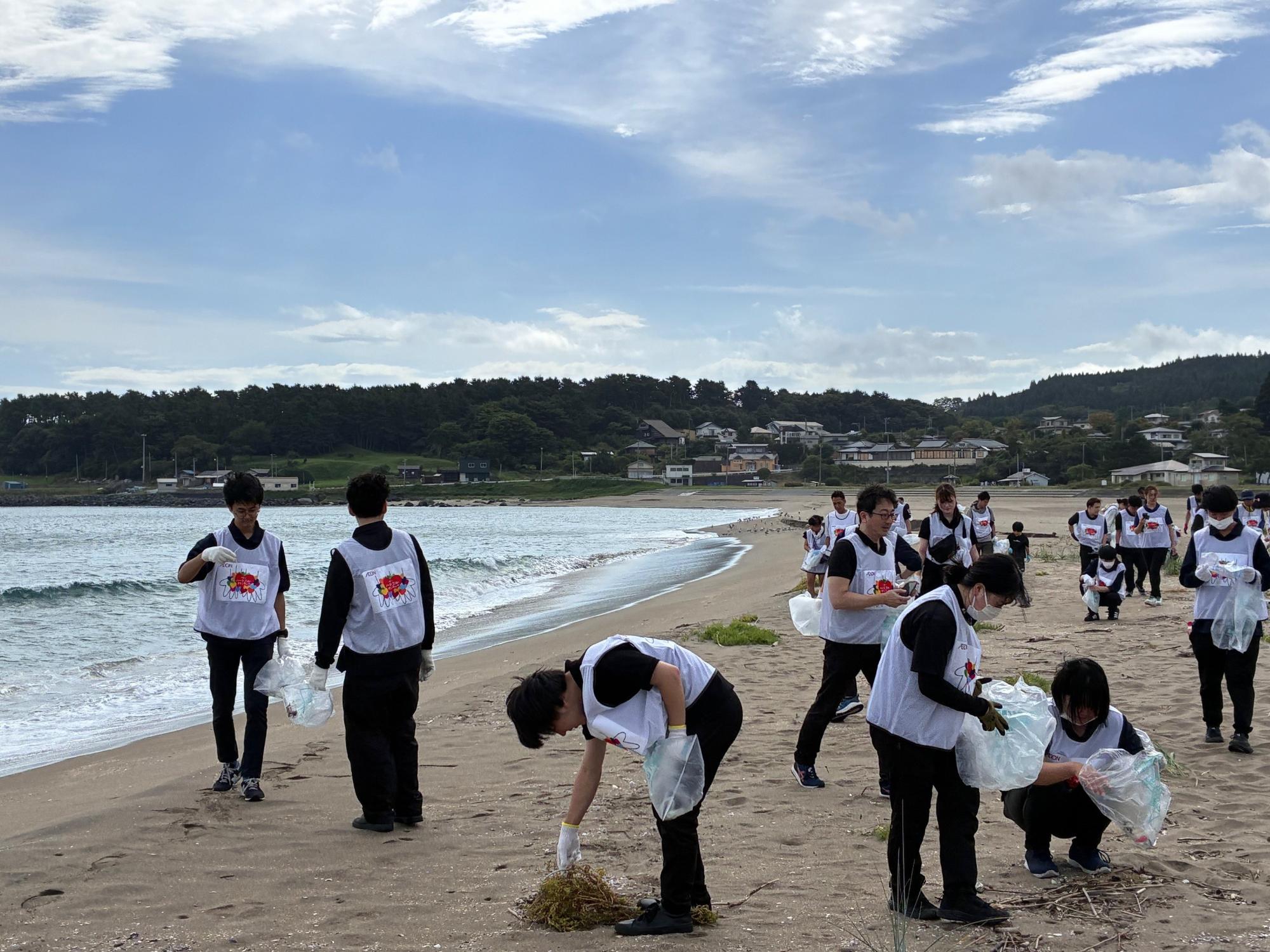 海岸のごみを拾う写真