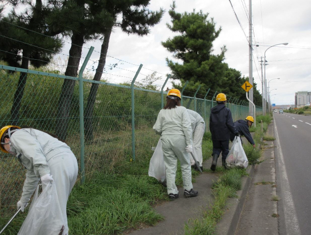 道路脇の草地のごみを拾う写真 2