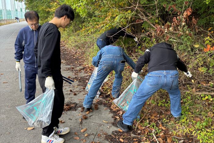 道路脇の草地のごみを拾う写真1