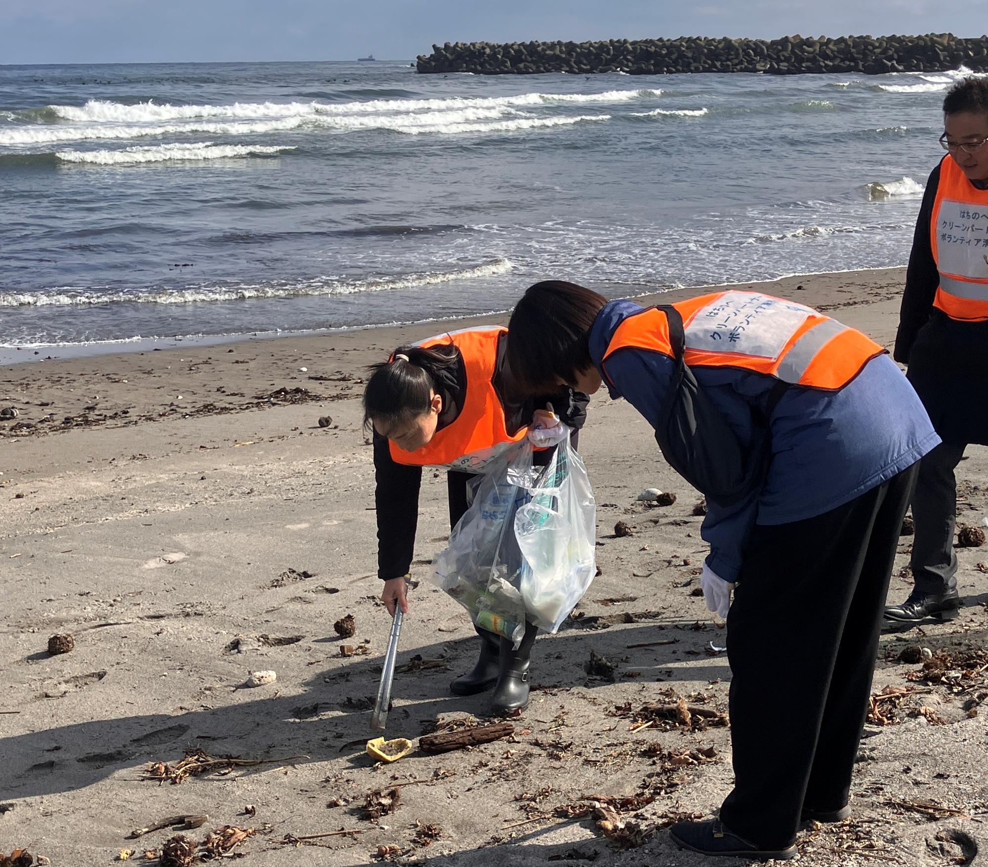 砂浜のごみを拾う女性の皆さん