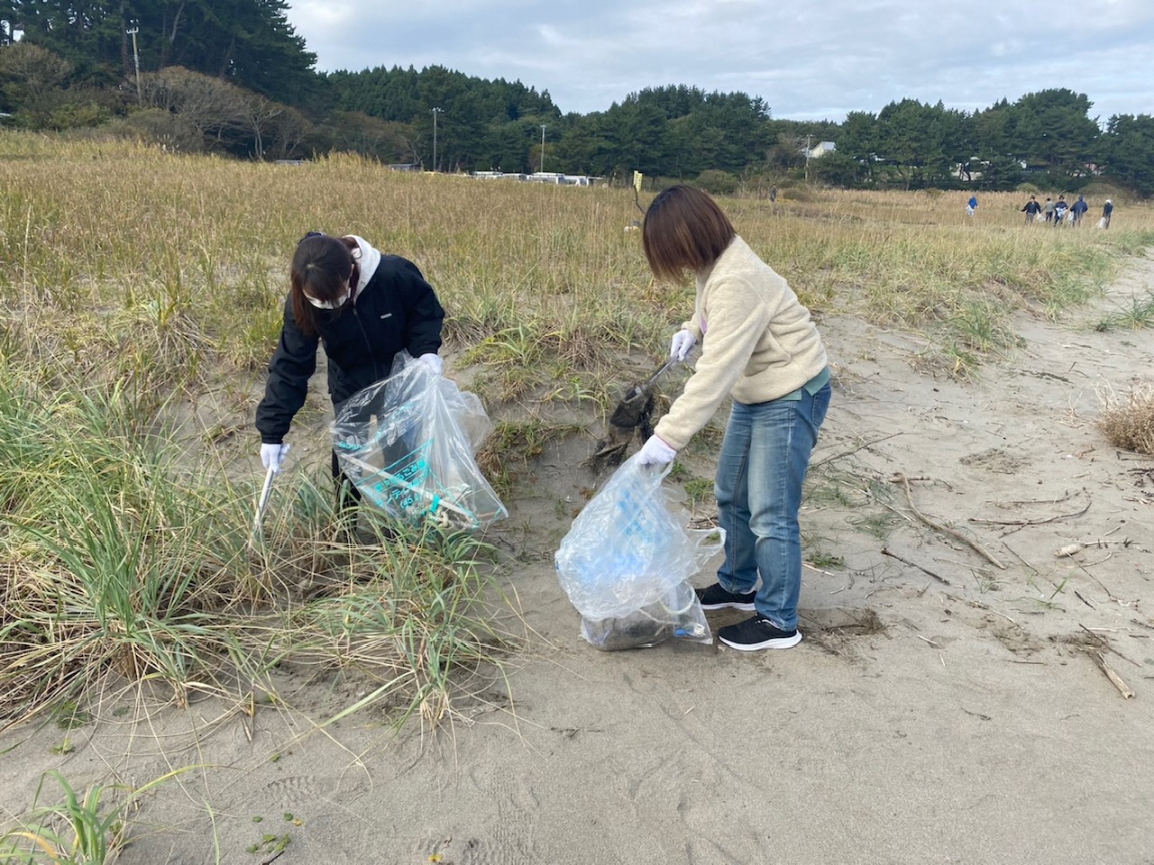 砂浜のごみを拾っている女性二人の様子