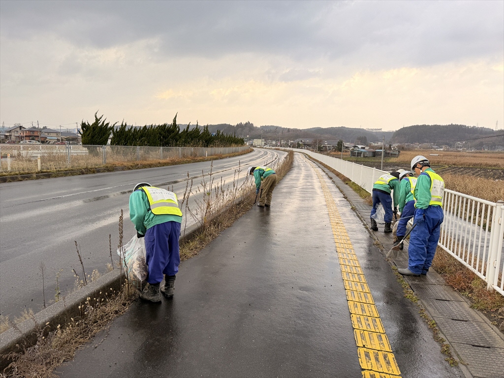 道路脇の草地のごみを拾う写真