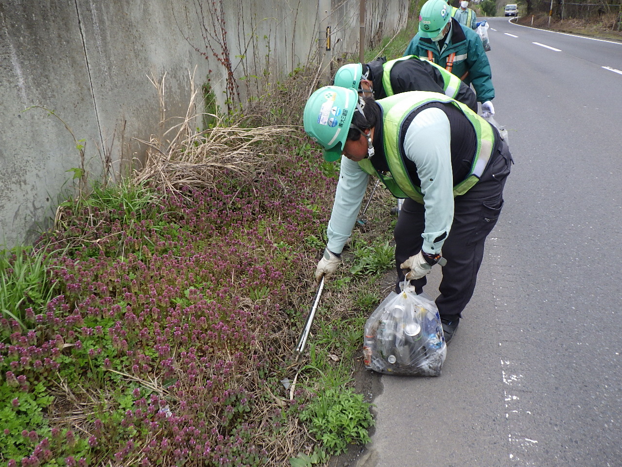 道路脇の草地のごみを拾う写真 2